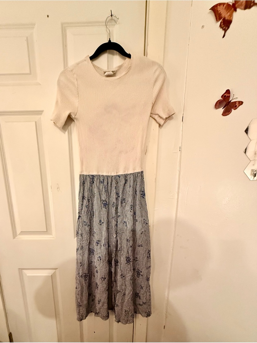 Vintage Cream Knit Top with Blue Floral Skirt Midi Dress